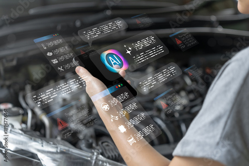Fotografia Smart car AI technology concept, Woman using smartphone analyze vehicle problems
