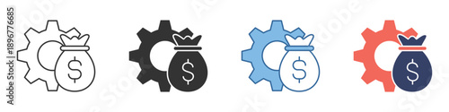 Vector icons of a gear and money bag symbolizing financial efficiency and business operations. Ideal for strategic profit optimization and cost management