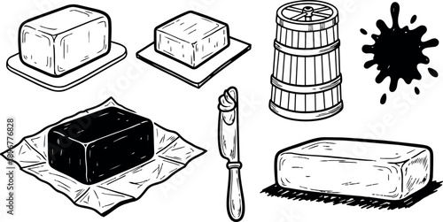 Hand drawn black and white vintage style butter shapes with wooden churn and knife illustrations isolated on white
