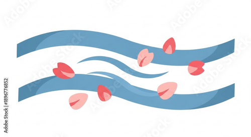 Wavy blue lines with scattered pink and red petals on white background symbolizing spring breeze and floral movement