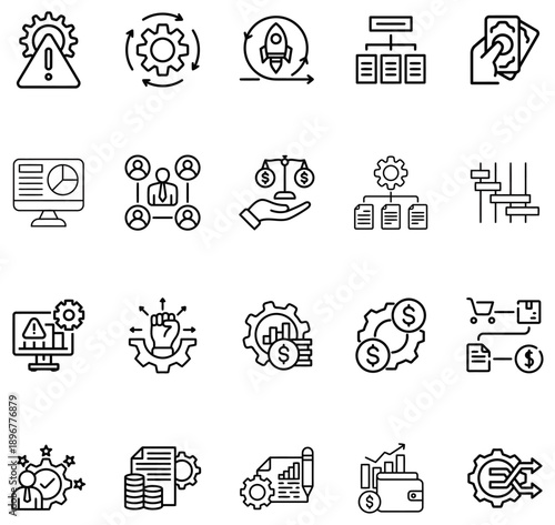 Collection of business and finance related including gears charts and money