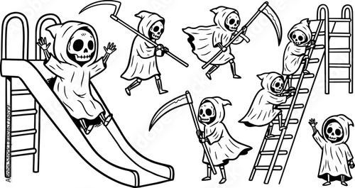 Black and white line art grim reaper characters sliding and climbing playground slide and ladder with scythes and hoods