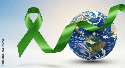 Green awareness ribbon wrapped around earth globe symbolizing environmental conservation and eco friendly support