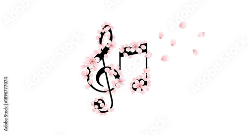 Musical notes with cherry blossoms on white background symbolizing harmony and creativity in music