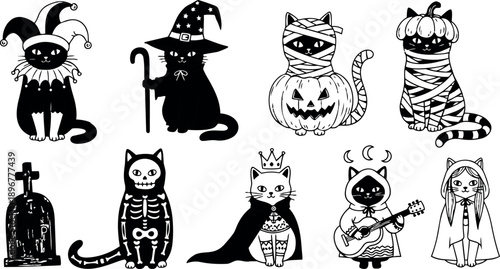 Black and white halloween cats in costumes including jester witch mummy skeleton king and musician cat art