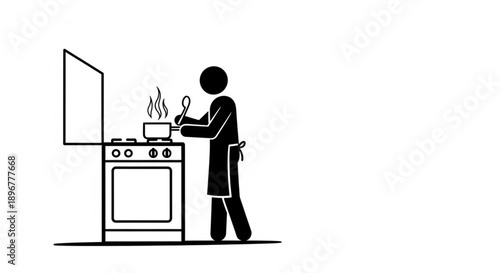 Stick figure cooking food on a stove in a kitchen.