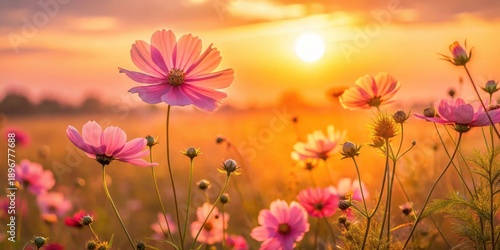 Golden Hour Blooms in a Serene Meadow of Delicate Pink Flowers Basking in the Warm Sunset Glow