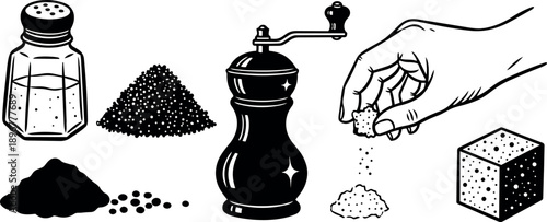 Black and white vintage style hand grinding pepper with spice grinder and salt shaker illustration set