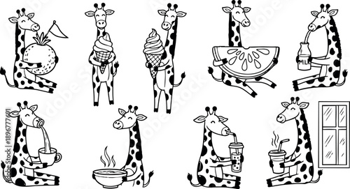 Whimsical kids doodle giraffes in black line art eating and drinking various foods and beverages with playful expressions sitting smiling