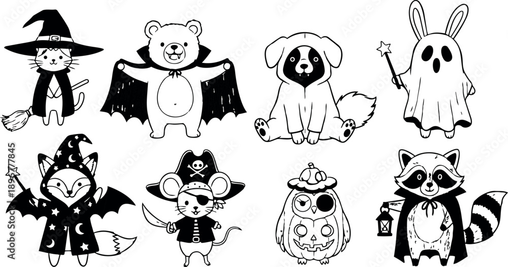Obraz premium Whimsical kids doodle close up of nine black and white animals in halloween costumes looking at camera playful line art illustration