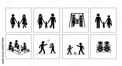 Stick figure family activities and relationships collection.