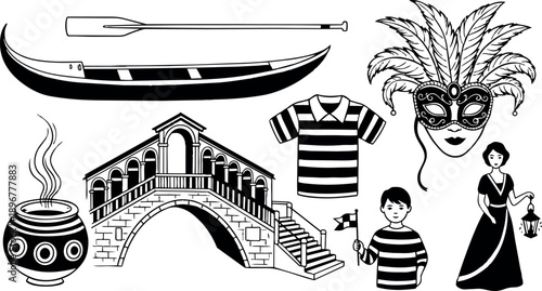 Black and white vector set with venetian gondola paddle striped shirt carnival mask stone bridge and woman holding lantern