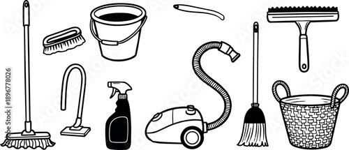 Black and white line art of cleaning supplies including mop bucket vacuum spray bottle brush and squeegee in minimal vector style
