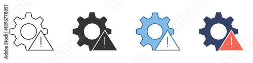 System error icon set showing a gear and warning triangle, signaling application configuration problems or maintenance alerts for digital interfaces