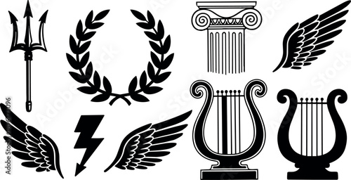 Black and white ancient greek symbols set including laurel wreath, trident, winged lightning bolt, lyre instruments, and ionic column illustration