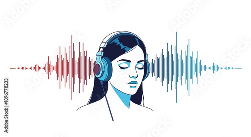 Immersed in Sound: Minimalist Vector Illustration of Woman Wearing Headphones, Surrounded by Dynamic Red and Blue Equalizer Sound Waves.