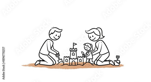 Family Building Sandcastle Together on Beach.