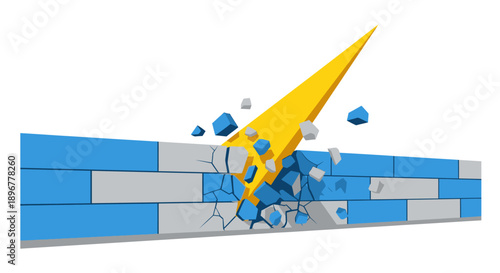 Powerful yellow arrow shattering blue brick wall. 3D conceptual illustration of breakthrough, overcoming obstacles, security breach, and innovation.