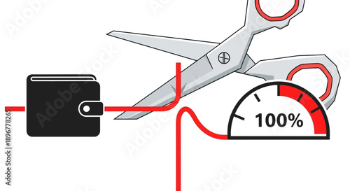 Scissors Cutting Financial Supply Line Vector. Budget Cut, High Cost, and Expense Management Concept.