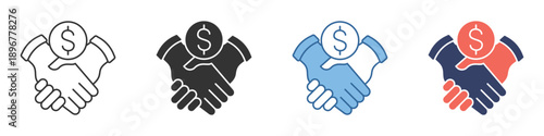 Financial Handshake Icon Set Diverse Styles Illustrating Business Deals, Monetary Agreements, Partnership Collaboration, and Transaction Symbols for Digital Projects