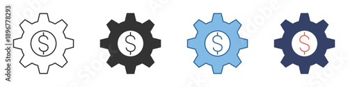 Financial settings and cost management icon set, illustrating economic optimization, business configuration, and system efficiency with a cogwheel and dollar sign symbol