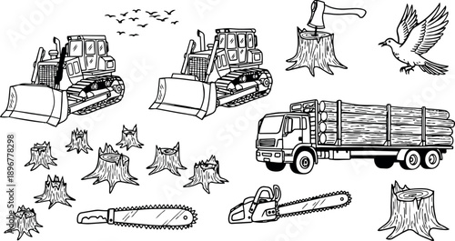 Hand drawn logging equipment including bulldozers, logging truck with timber, chainsaw, tree stumps, flying bird and axe illustration set
