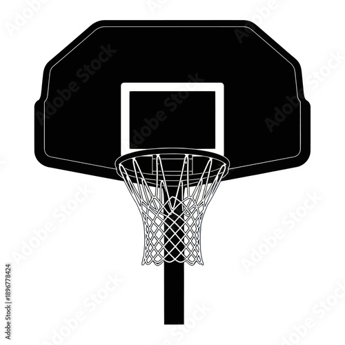 Black Basketball Hoop and Net Silhouette Isolated on White Background