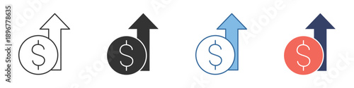 Icon set showing financial growth and money increase. An upward arrow with a dollar coin symbolizes rising profits, investment returns, and economic progress