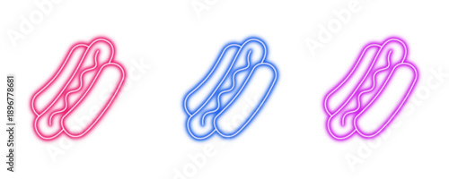 Neon glowing hot dog vector icons set, fast food, street food, snack, colorful graphic design, vibrant retro illustration on transparent background.