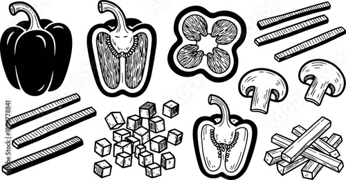 Black and white hand drawn bell peppers sliced diced mushrooms sticks and cubes isolated on white background detailed vintage style illustration
