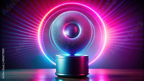 Futuristic glowing orb centerpiece on a sleek modern base, illuminated by vibrant neon rings, creating a captivating display of light and technology.