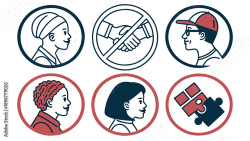 Diversity and Collaboration Icons with Social Distancing Warning Sign
