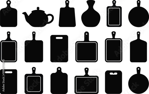 Kitchen Cutting Board and Teapot Silhouette Set: Collection of Various Wooden Chopping Board Shapes, Teapot, and Vase Outlines for Culinary Design