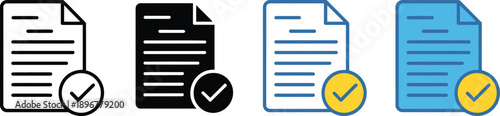 Document Approval Icon Set: Minimalist Vector Collection of Paper Files with Checkmarks in Line Art, Solid Silhouette, and Color Styles for Web Design
