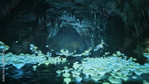 Wallpaper Mural Bioluminescent Fungi Illuminate a Dark, Damp Cave with Ethereal Glow and Water Reflections Torontodigital.ca