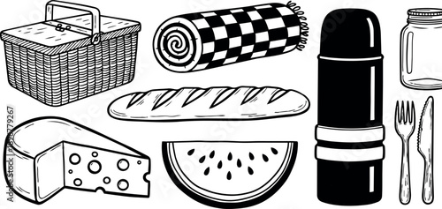 Line art picnic set showing wicker basket, rolled blanket, baguette, cheese wedge, watermelon slice, thermos and cutlery viewed from above