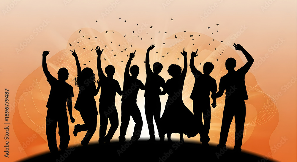 Obraz premium Silhouetted group of people dancing together at a lively sunset party