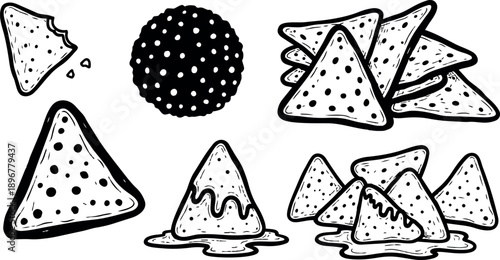 Black and white line art illustration of triangular nachos with cheese sauce dripping and round tortilla chip with bite taken