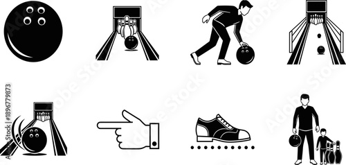 Bowling icon set, black silhouette vector, ball pin strike lane shoe compass family play, sports activity symbols, recreational graphic design elements