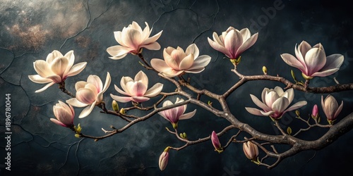 Delicate Magnolia Blossoms on a Rustic Branch, a Study in Pastel Hues and Natural Elegance