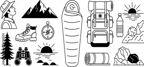 Camping hiking icon set, black vector silhouettes, outdoor gear symbols, mountain boot compass backpack hammock sleeping bag bottle mat tree binoculars rocks