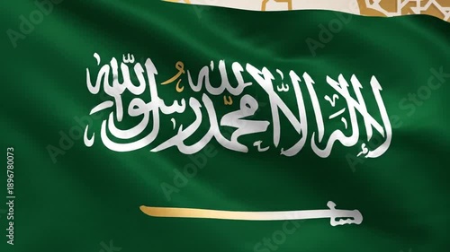 Majestic green Islamic flag featuring the sacred white Shahada script calligraphy representing the profession of faith, symbol of Muslim religion fluttering in high definition cinematic detail