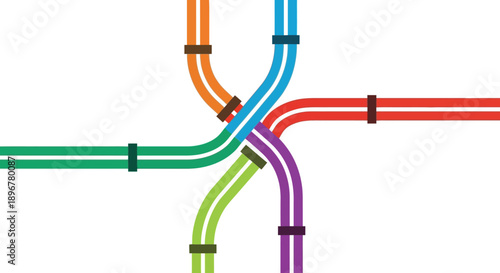 Colorful Intersecting Lines and Pipes Abstract Network Illustration. Data Flow, Connectivity, System Map, Subway Concept.