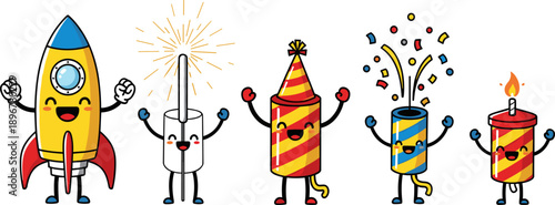 Cartoon fireworks characters, festive celebration icons, happy rocket faces, colorful party graphics, New Year fun design, Independence Day vector illustration set