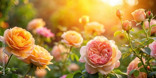 Golden Hour Rose Garden Bloom  A vibrant display of delicate peach and apricot roses bathed in the warm glow of the setting sun, showcasing the beauty of nature's artistry.