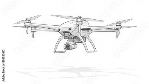 Sophisticated line art illustration of a modern quadcopter drone with integrated camera system for
