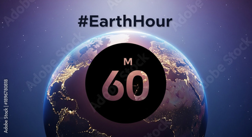 Earth hour awareness campaign illustration with earth from space at dusk featuring m60 symbol against a dark blue cosmic background with stars