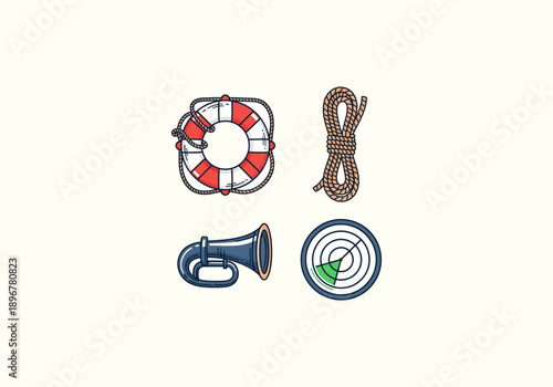 Vector Design Icon Concept Detailed Cartoon Life Preserver with Red and White Stripes, Rope Detail, and Nautical Theme.