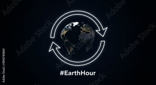 Earth hour logo with planet earth surrounded by circular arrows on dark background symbolizing environmental awareness and sustainability efforts globally