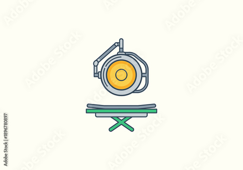 Vector Design Icon Concept Detailed flat design icon of a round surgical lamp and a green operating table, essential medical equipment.